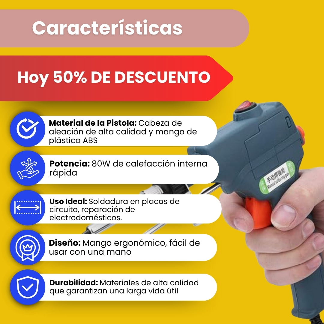 Características de la pistola de soldar: cabeza de aleación, mango ergonómico y uso con una sola mano