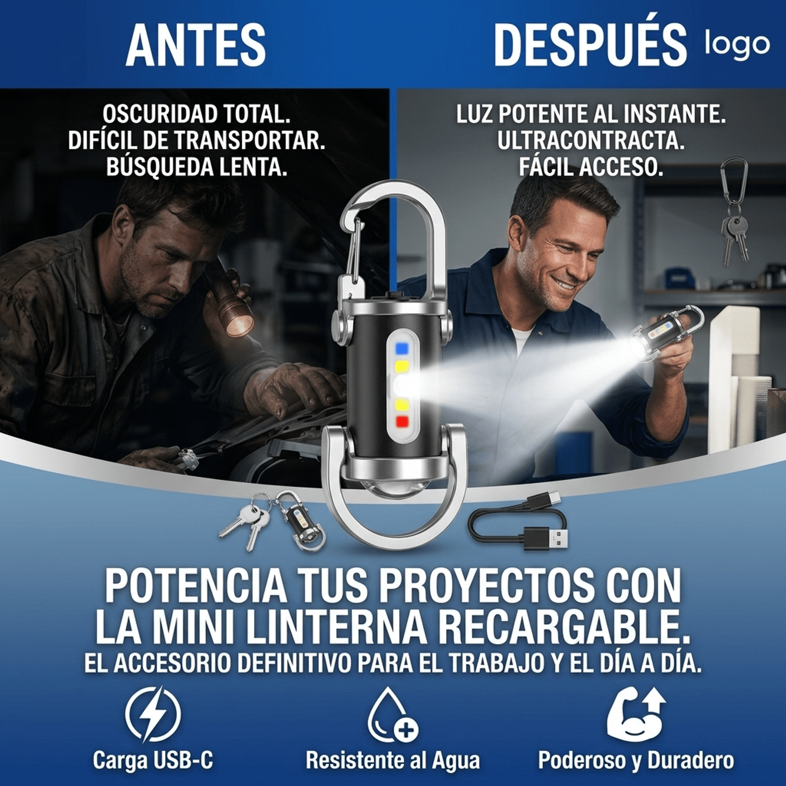 Antes y despues: de la oscuridad total a luz potente al instante con la mini linterna recargable