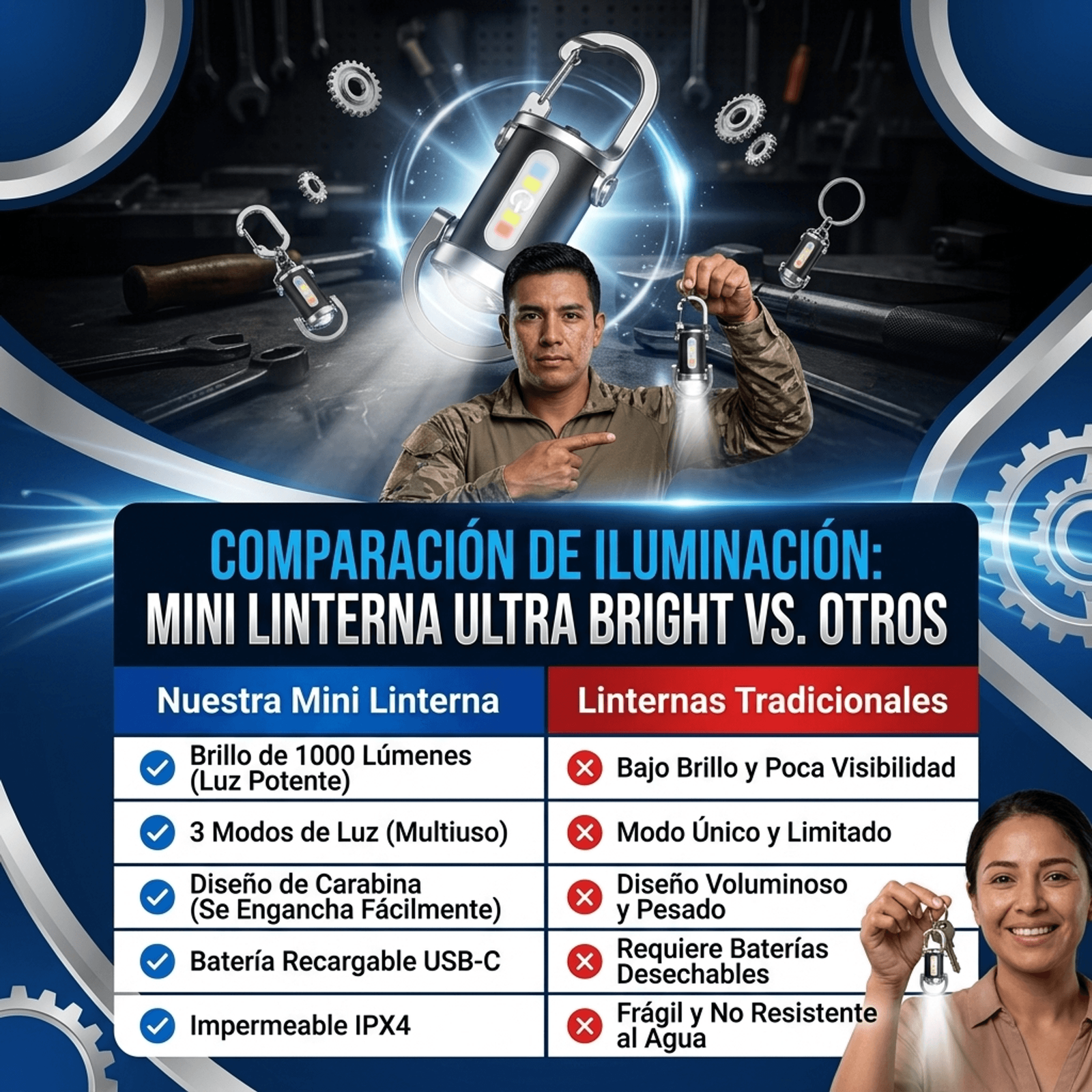 Comparacion: nuestra mini linterna recargable versus las linternas tradicionales