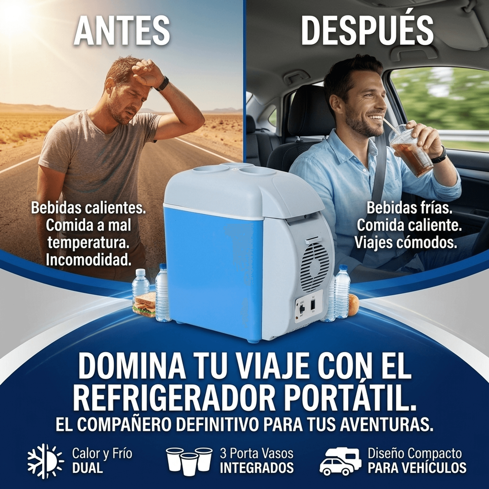 Antes y después: bebidas calientes y comida a mala temperatura vs bebidas frías y viaje cómodo con la mini nevera portátil
