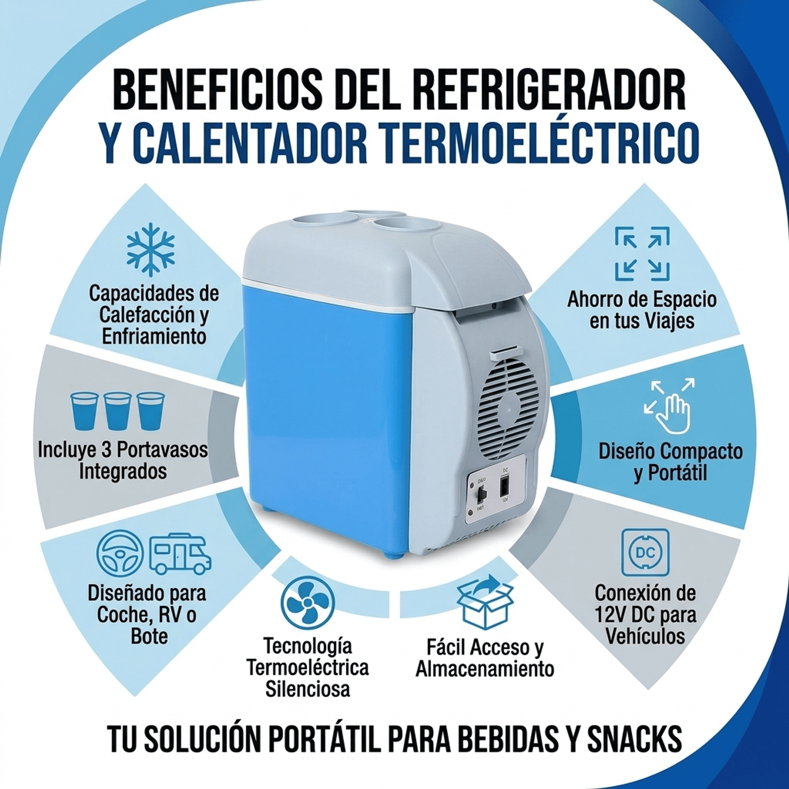 Beneficios de la nevera y calentador termoeléctrico: enfría, calienta, 3 portavasos, compacta y conexión 12V