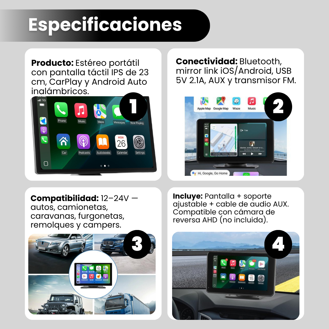 Especificaciones de la pantalla portátil CarPlay y Android Auto: pantalla, conectividad, compatibilidad e incluye