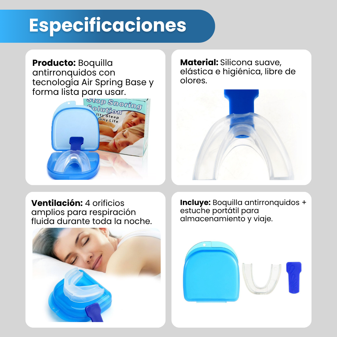 Especificaciones del protector antironquidos: material, ventilación de 4 orificios y estuche incluido