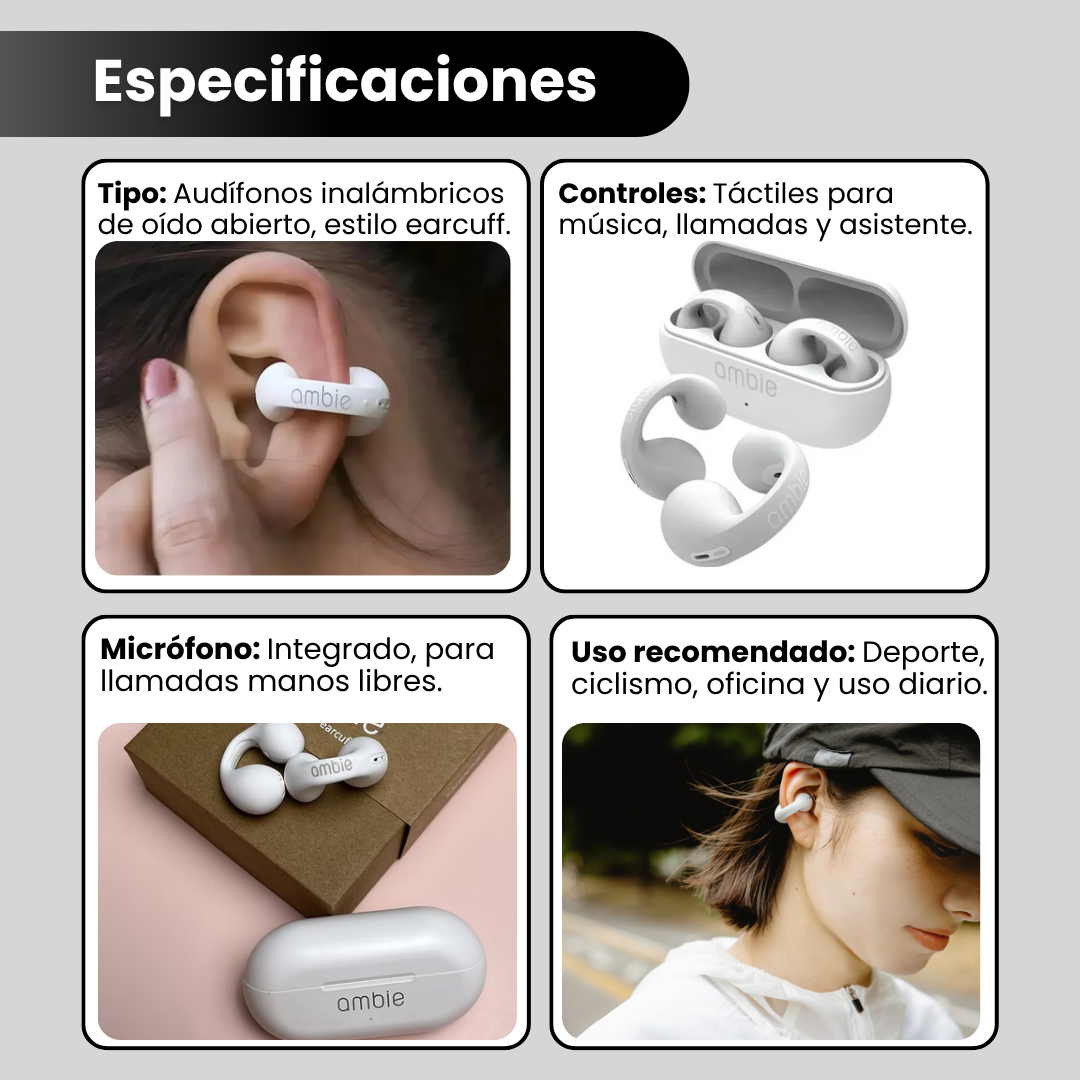 Especificaciones de los audífonos clip de oreja: tipo earcuff, Bluetooth, controles táctiles, micrófono integrado