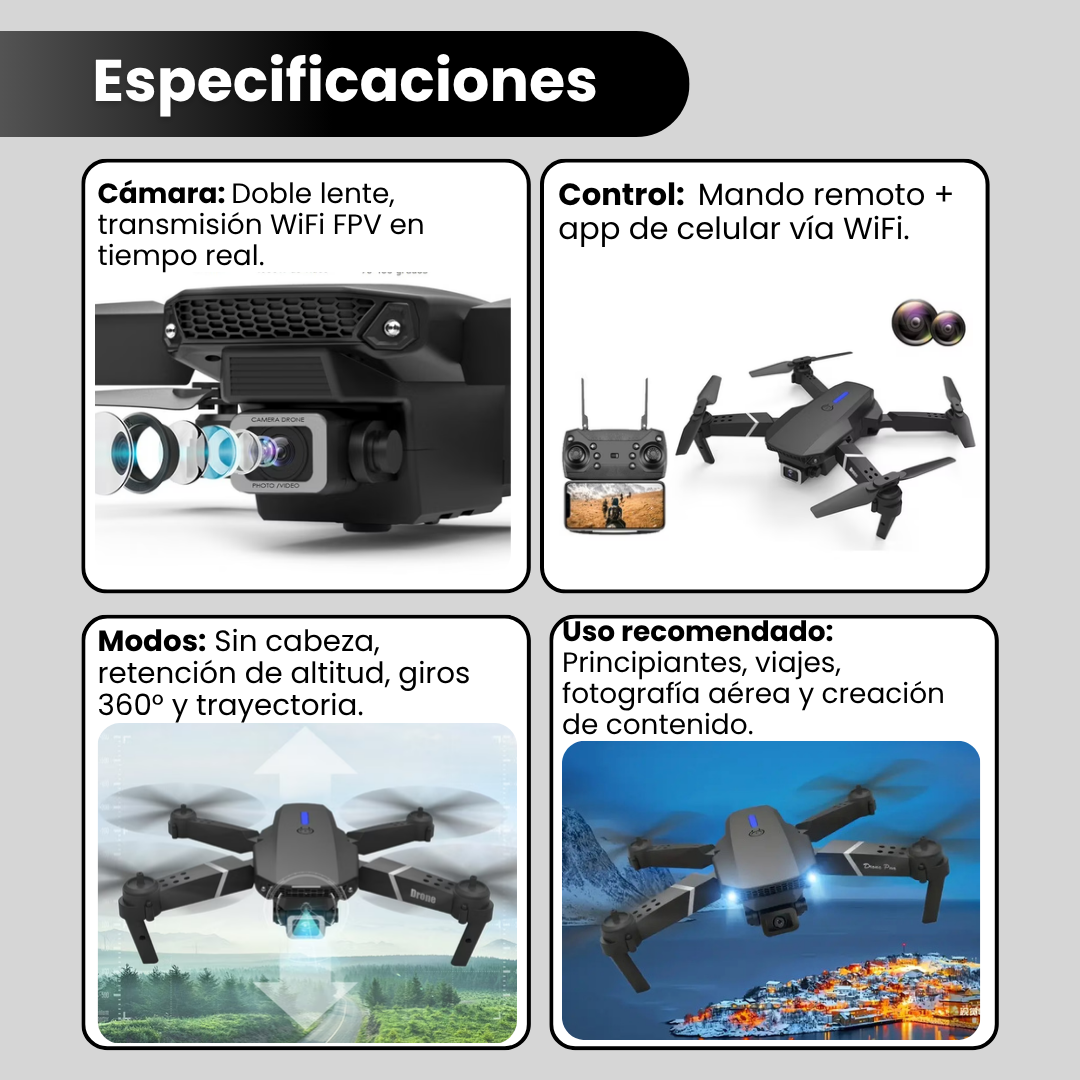 Especificaciones del dron plegable 4K: cámara, control, modos de vuelo